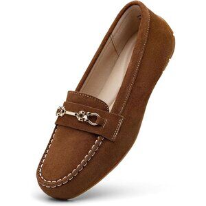 Kordal Women's Brown Leather Gold Accent Buckle Slip-Ons Comfortable Loafers